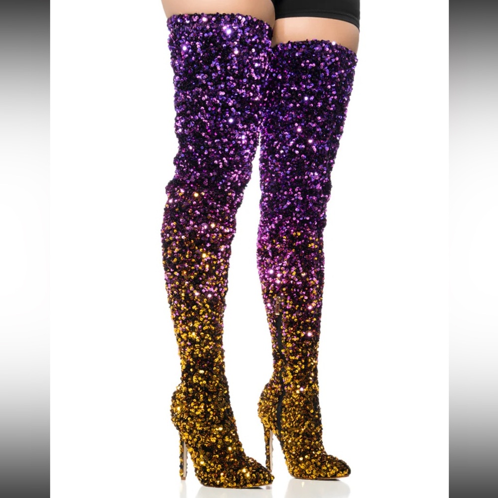 Purple and Gold Sequin Over-the-Knee Boots AKIRA 💜 Azalea Wang 💛